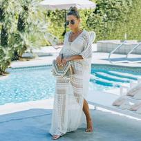 2021 Lace Embroidered Long Beach Cover-up with Deep V-Neck and Sun Protection One Size balta