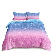 Kawaii Mėnulis Žvaigždėtas Naktinis Dangus Antklodės Užvalkalų Rinkinys Mėlynas Rožinis Violetinis Žvaigždžių Galaktikos Lovos Patalynės Rinkiniai Pilno Dydžio Berniukams Mergaitėms Antklodės Užvalkalas EU Single(135*200cm)3pcs
