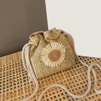 Woven Straw Mini Messenger Bag for Women Drawstring Closure Summer Cute Bucket Bag with Flower Crossbody Bag, Phe Wallet Pouch chaki