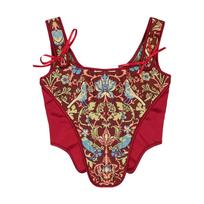Vintage Lace Up Women Corset Shapewear Push Up Body Shaper Bustier Decorative Flower Embroidery Waist Trainer Stage Costume L raudona