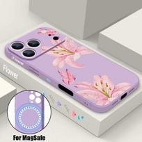 Vintage Flower Case For iPhone 17 Pro Max iPhone 16 15 14 13 Pro Max Magnetic For Magsafe Soft Silicone Phone Back Cover iPhone 14 violetinė