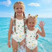 Girls One Piece Swimsuit Summer Hawaiian Print Sleeveless Ruffle Shoulder Beach Swimwear Casual Fit 100 balta