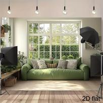 2D Minimalist Plant-Filled Home Backdrop Green Sofa Herringbone Floor Background Cloth 47.2x31.5inch/120*80cm