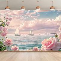 2D Pink Rose Ocean Sailboat Photography Backdrop Beach Wedding Background 47.2x31.5inch/120*80cm