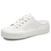Lazy Baotou Half Slippers Women's Summer Wear  New Breathable Leather Flat Bottom Thick Bottom Muffin Small White Shoes Lace Up 35