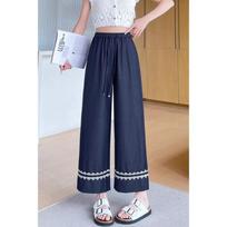 Korean Wide-leg Women Summer Thin New High-waisted Loose Petite Lace Straight Pants M mėlyna