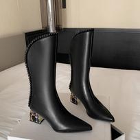 Fashion Black White Cowhide Pearl Edge Retro Knee High Boots New Autumn Winter 5.5cm Low Heel Commuting Shopping Fashion Warm Long Boots 35
