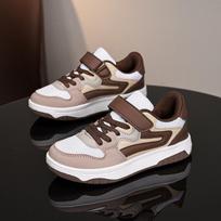 Korean Style Kids' Brown Leather Patchwork Velcro Sneakers - Casual Sports Shoes Size 40