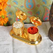 Auksinis metalinis Kumkum laikiklis/Kumkum dėžutė dovanoms, Pooja, Thali, Mandir, Namams, Šventyklai, Auksinė Kumkum dėžutė su Laxmi Maa (Apvalus Kumkum)