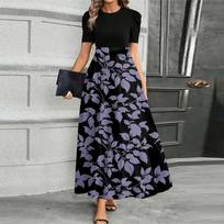 Women's Fashionable Casual Belt Short Sleeved Round Neck Print Elegant Temperament Dress XXL violetinė