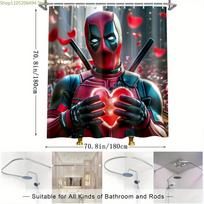 1 vnt. Marvel Deadpool Dušo užuolaida - Oficialus Marvel Deadpool dizainas su raudonomis širdelėmis, Vonios kambario dekoravimo užuolaida su kabliukais dušui 90x180cm