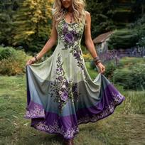 Plus Size Sleeveless Maxi Dress Floral Print V Neck Long Dress Elegant Casual Summer Dress for Women XXXXXL žalia