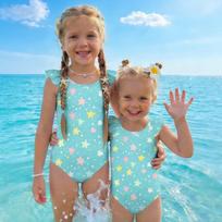 Girls One Piece Swimsuit Star Print Sleeveless Summer Swimwear Kids Beachwear Pool Bathing Suit for Toddlers and Children 130 žalsvai mėlyna