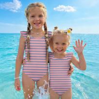 Girls One Piece Swimsuit Striped Print Ruffle Shoulder Design Comfortable Fit Lightweight Fabric Suitable for Summer Beach Pool Activities 140