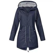 Womens Zipper Long Windbreaker Waterproof Raincoat Casual Basic Outdoors Trench Classic  Outdoor Climbing Hooded Tops XS tamsiai mėlyna spalva