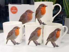 Zestaw 4 Kubków Porcelanowych Komplet Kubki Ptaki Rudziki Robins 4 Szt