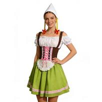 Women's Oktoberfest Dress Traditional Bavarian Costume Off Shoulder Lace Up Bodice Mini Skirt with Apron and Hat M žalia