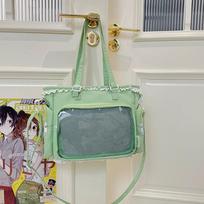 Lace Beading Lolita Ita Bag Japanese Style Soft Material Anime Badge Tote Bag Transparent Window Shoulder Strap žalia