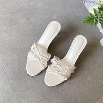 Fashion Butterfly Knot Women Thin Heels Slippers Shoes Footwear Round Toe Ladies Heeled Slippers Sandals Slides 35 smėlis