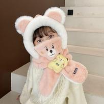 Solid Color Bear Plush Hat With Mask&Scarf Plush Hat with Scarf Children Fleece Hat  Kid rožinė