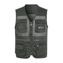 Men Work Vest Zipper Mesh Sleeveless Multiple Pockets V-neck Camping Thin Plus Size Tooling Waistcoat Male Garment 4XL armijos žalia spalva