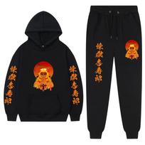 Japan Anime Demon Slayer Harajuku Kyojuro Rengoku Print Hoodies Sets Men's Casual Oversized Sweatshirts Creativity 2-Piece Set S