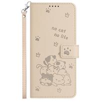 Golden Playful Cat-themed Leather Wallet Stand Function Phone Case for iPhone Samsung Huawei Honor Xiaomi Redmi Oppo Infinix Tecno Google... Sony Xperia 1 VII auksas
