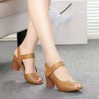Mid-heel, Thick-heeled, Hollowed-out Women's Sandals with Velcro, Retro and Simple Fish-mouth Shoes 35 geltona