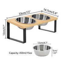 Elevated Cat Bowls Pet Feeder 15° Tilted Raised Cat Food Bowls with Wooden Stand 2 Stainless Steel Bowls for Cats and Puppy beige