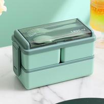 Double Layer Microwave Bento Boxes With Fork and Spoon Food Storage Container  Office Worker žalia
