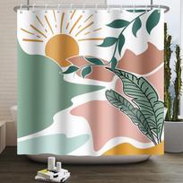 Mid Century Abstract Boho Shower Curtain Green Leaf Plant Modern Arch Sun Minimalist Nordic Waterproof Bathroom Bath Curtain W90xH180cm