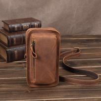 Leather Fanny Pack Male Multi-functional Crazy Horse Cowhide Mobile Phone Bag Vertical Wear Belt Mobile Phone Package Outside