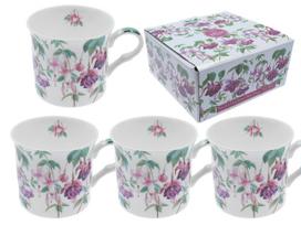 Komplet 4 Kubki Porcelanowe Fuchsia Zestaw Kwiaty Prezent 4 Sztuki