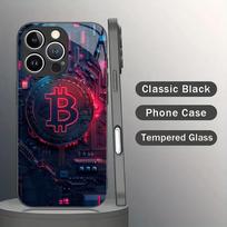 Colorful Bitcoin pattern tempered glass phone case suitable for iPhone 17 16 15 14 13 12 11 Pro/Max/Plus anti drop back cover iPhone 16