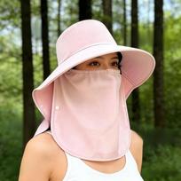 Portable Wide-Brimmed Shawl Mask Hat Solid Color Adjustable Picking Tea Hat Polyester Lightweight Sunshade Sun Hat Sport rožinė