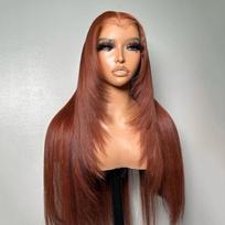 AIMEYA Sluoksniuotas kirpimo perukas Platinaus blondinė Nėrinių priekis Ilgas tiesus sintetinės nėrinukės perukas Karščiui atsparus blondinis perukas moterims (Copper,18inches&Lace Front) varis