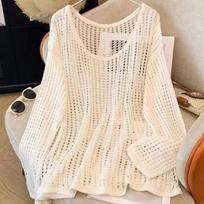 Female Summer Knit Hollow Loose Sunscreen Coverup Unique Round Neck Long Sleeve Pullover Top XS juoda