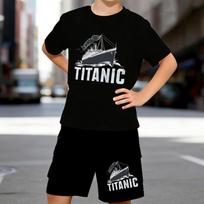 Boys 2 Piece Titanic Printed outfit, Short Sleeve T-Shirt and Shorts Set for Kids Age 5-14,White, Black Sporty Casual Summer Clothes 5-6 Years juoda