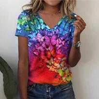 Women's T-shirts Fashion Tops V-neck Colorful Butterfly T Shirt Female Short Flowers 3 Print Casual  T-Shirts M blue