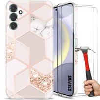 Protective case - Booling - for Samsung Galaxy S24 Plus - Shockproof - Tempered glass - Pink marble pattern rožinė
