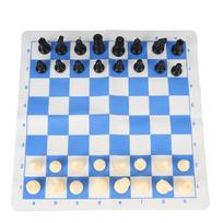 Portable Chess Set Folding Roll Up Chess Game Sets 65mm 32 Chess Pieces 35cm Blue and White PU