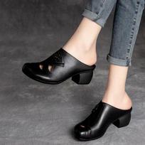 Comemore 2025 Retro Women Slippers Soft Shoes Close Toe High Heels Slides Black Mules Flip Flops for Summer Medium Heel Slides 35(fit33-34) juoda