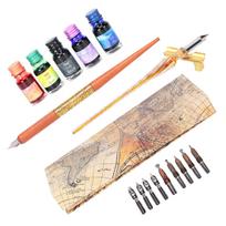 Dip Pen Kit 12.5x33x4cm Flat Round Nib with Ink Holder for Writing Drawing CalligraphyBrown Gold 2 Pen 5 Ink Set