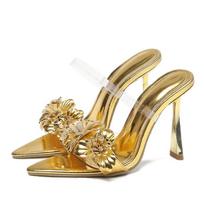 Fashion Luxury Design Gold Flower Thin Heels Slippers Women Sexy Pointed Toe PVC Clear Narrow Strap Heeled Sandals Summer Slides Heels 35 auksas