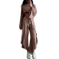2 Pcs/Set Women Crop Top Pants Set Long Sleeve Boat Neck Short Top High Waist Irregular Ruffle Lace-up Wrapped Trousers M ruda