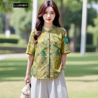 Elegant V-Neck Floral Print Blouse 185/104A nefrito žalia spalva