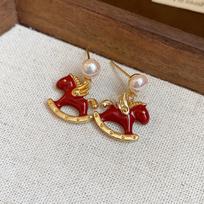 Zodiac Pony Pearl Pony Earrings Chinese Horse New Year Red Drop Earrings  New Year Gift raudona