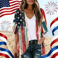 Women’s Loose Fit Open Front Cardigan Kimono with Star and Stripe Pattern Lightweight Casual Outerwear for Summer XL