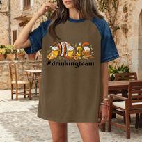 Casual Women Denim Patchwork Oktoberfest Graphic Print Short Sleeve T Shirt Comfortable Loose Fit Summer Top L
