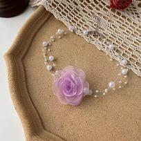 [LA]1Pc Romantic Pearl Choker Camellia Necklace Summer Clavicle Chain With Fabric Flowers Pearls For Women Dinner Party Jewelry